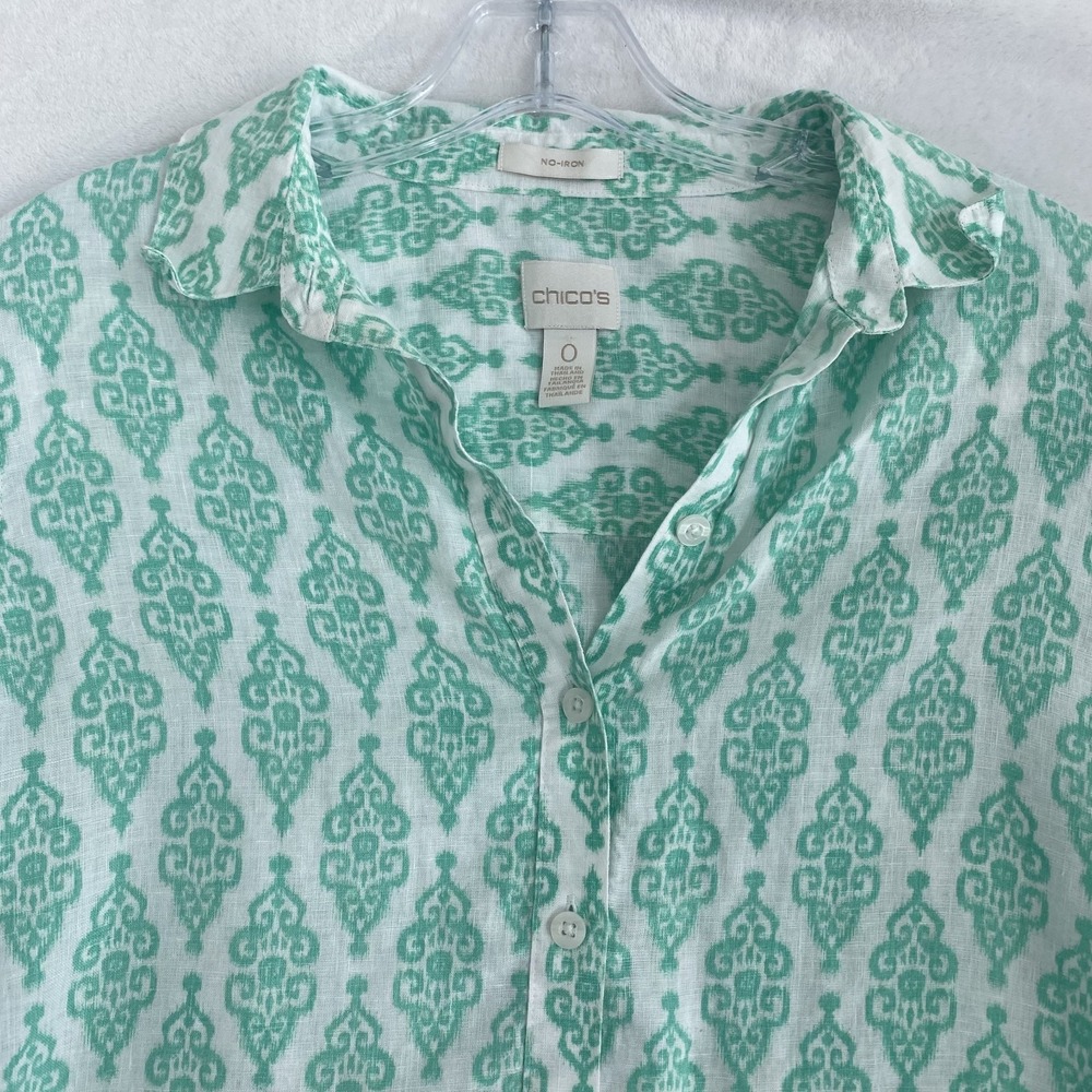 Chico's 100% Linen Shirt Women Sz 0 (US 4) Green Print 3/4 Sleeve Coastal